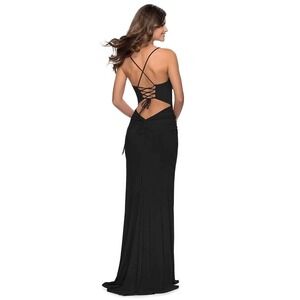 NWT La Femme 28792 Scoop Neck Open Back Sheath Dress High Leg Slit Women's SZ 0